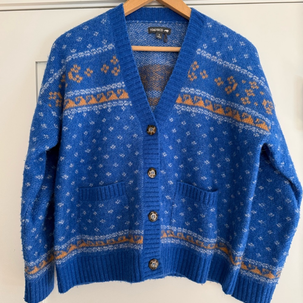Toad&Co Toddy Blue, White , Copper Women's Cardigan Size Small Fair Isle